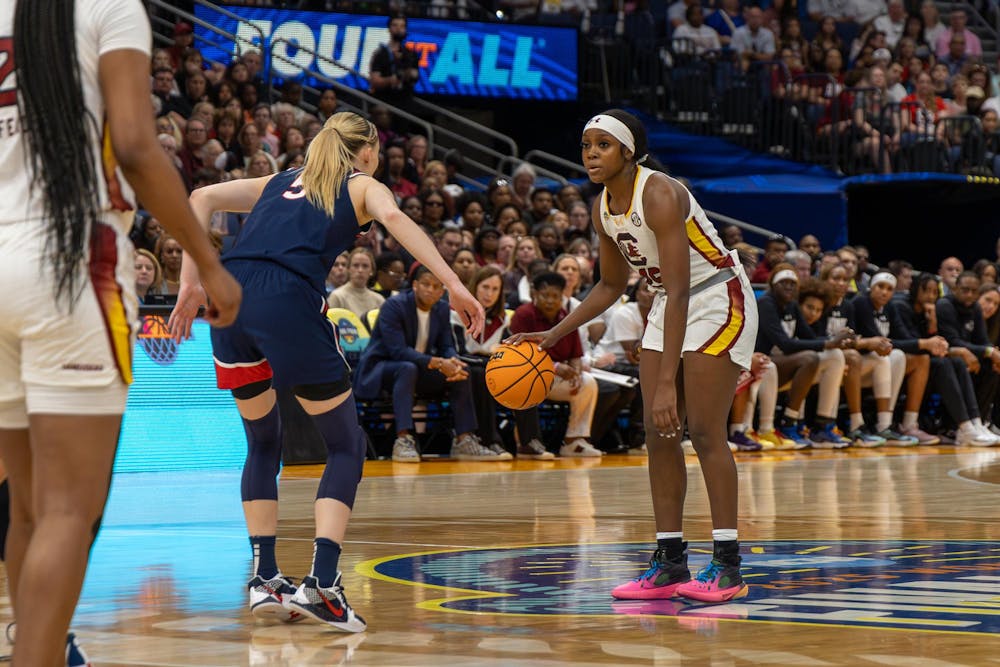 <p>FILE — Then-junior guard Raven Johnson dribbles the ball during South Carolina's game against UConn in the National Championship on April 6, 2025, at Amalie Arena.</p>