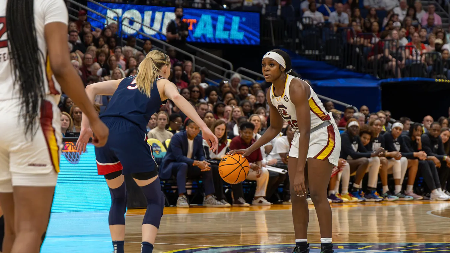 FILE — Then-junior guard Raven Johnson dribbles the ball during South Carolina's game against UConn in the National Championship on April 6, 2025, at Amalie Arena.