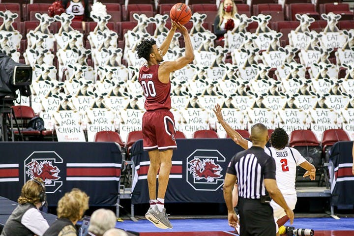 Junior guard AJ Lawson jumps to shoot the ball during the season game against Ole Miss. South Carolina lost to Ole Miss during conference play and during the SEC tournament.