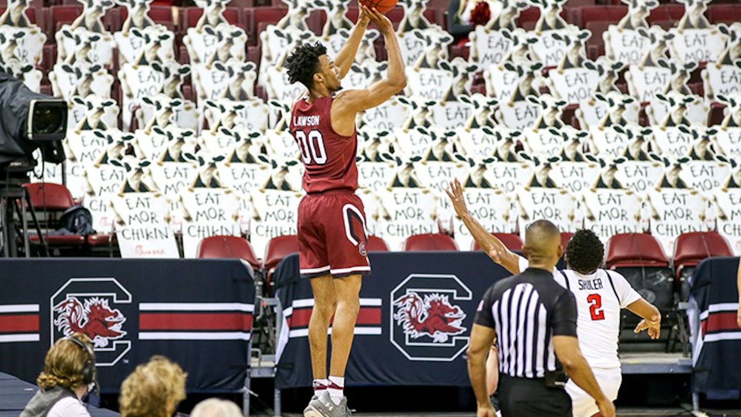 Junior guard AJ Lawson jumps to shoot the ball during the season game against Ole Miss. South Carolina lost to Ole Miss during conference play and during the SEC tournament.