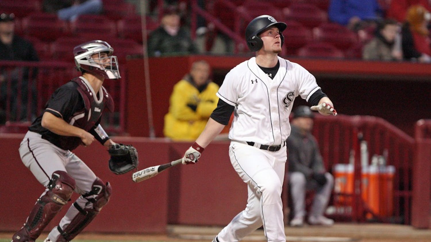 South Carolina's Alex Destino hits a go-ahead two-run home run in the sixth inning against College of Charleston at Carolina Stadium in Columbia, S.C., on Saturday, Feb. 14, 2015. The host Gamecocks defeated the Cougars, 8-3, in the completion of a game halted by weather on Friday. (Dwayne McLemore/The State/TNS)