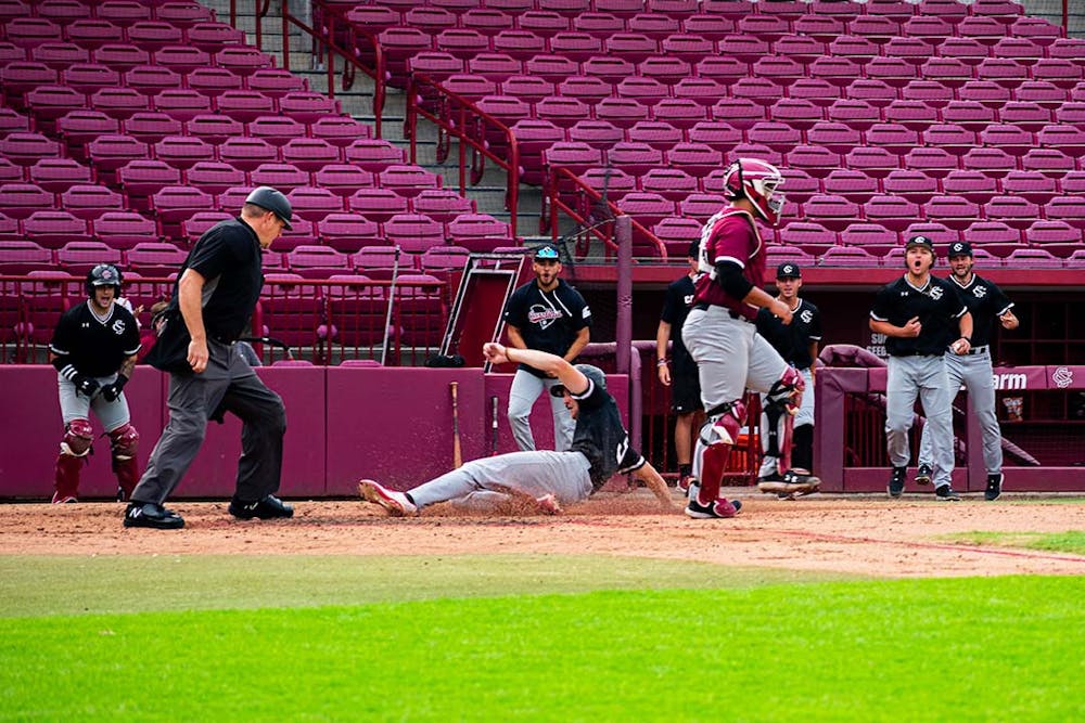 <p>Junior infielder Braylen Wimmer slides home and scores a run for the Black team during a Garnet and Black scrimmage on Nov. 2, 2022. During the 2022 season, Wimmer scored a total of 38 runs and had a batting average of .312.</p>