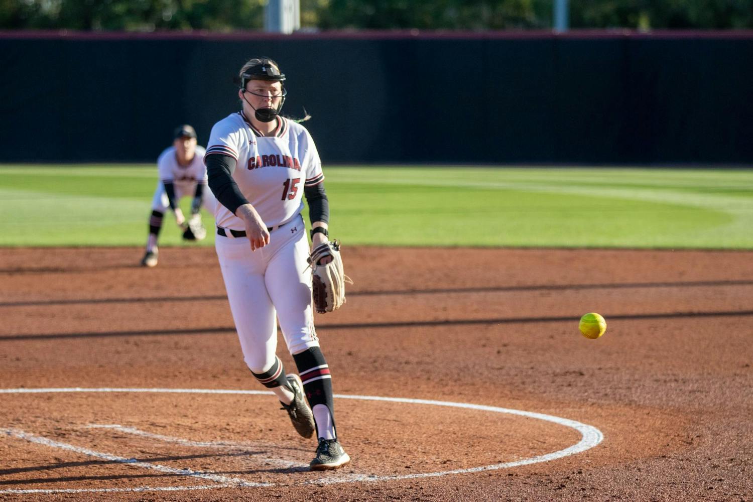 Fifth-year pitcher Alana Vawter releases a pitch during South Carolina's game against Mississippi State on April 5, 2024. Vawter pitched 4.1 innings during the ɫɫƵs’ 6-0 loss to the Bulldogs, allowing nine hits and 4 runs.