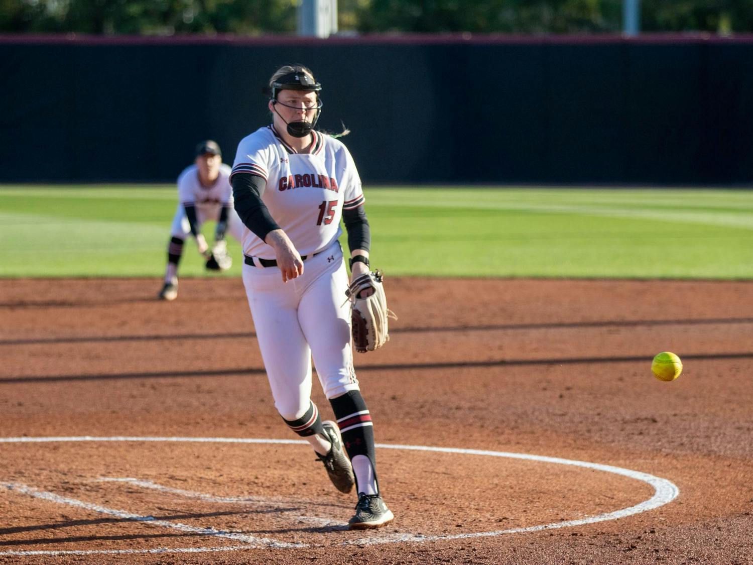 Fifth-year pitcher Alana Vawter releases a pitch during South Carolina's game against Mississippi State on April 5, 2024. Vawter pitched 4.1 innings during the Gamecocks’ 6-0 loss to the Bulldogs, allowing nine hits and 4 runs.