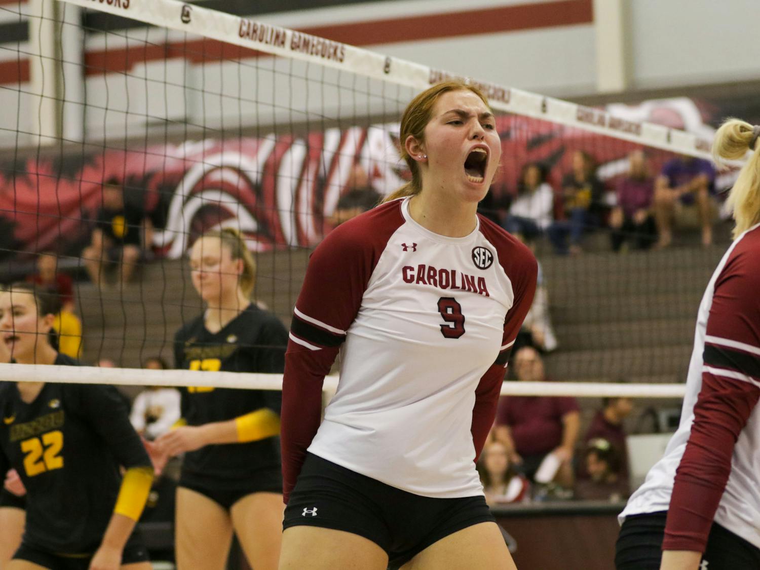 Junior middle Ellie Ruprich celebrating a point at South Carolina’s game against Mizzou on Oct. 1, 2022.&nbsp;Strong defensive play earned the South Carolina volleyball team two victories over conference opponent Missouri this weekend.&nbsp;