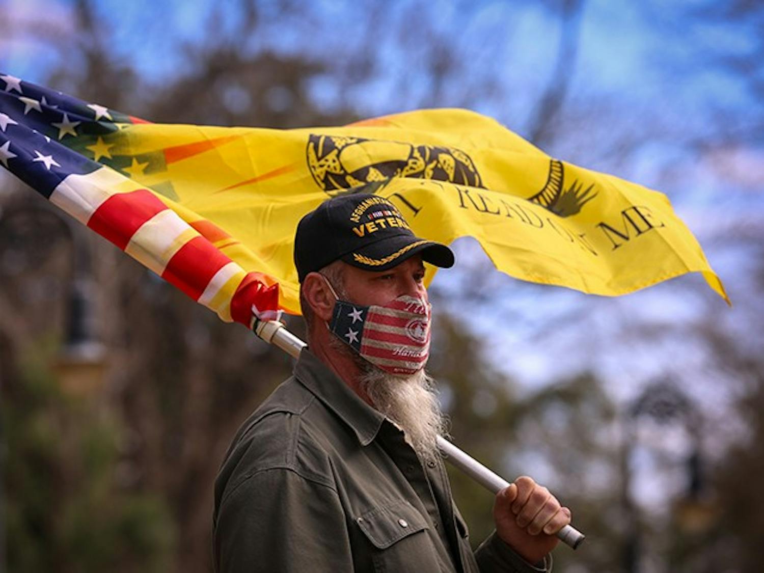 A protester holds a flag displaying a combination of the American and Gadsden flag while listening to a speaker.&nbsp;
