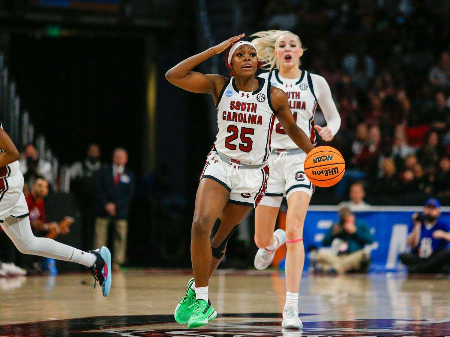 Sophomore guard Raven Johnson signals for a play during South Carolina’s game against Presbyterian in round one of the 2024 NCAA Women’s Tournament on March 22, 2024, at Colonial Life Arena. Johnson scored 11 points in nearly 27 minutes of playing time for the Gamecocks in its 91-39 victory over the Blue Hose.
