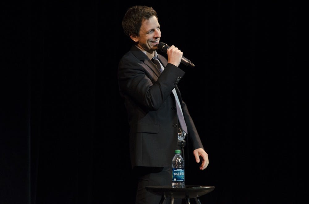 	Seth Meyers, a writer and cast member on “SNL,” tells students jokes that didn’t make the show Thursday night at the Koger Center.