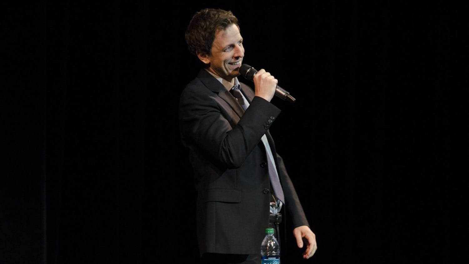 	Seth Meyers, a writer and cast member on “SNL,” tells students jokes that didn’t make the show Thursday night at the Koger Center.