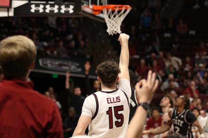 Freshman guard Eli Ellis hits a big 3-pointer against Mississippi State on Feb. 21, 2026, at Colonial Life Arena. The Gamecocks went on to win 97-89 over the Bulldogs.