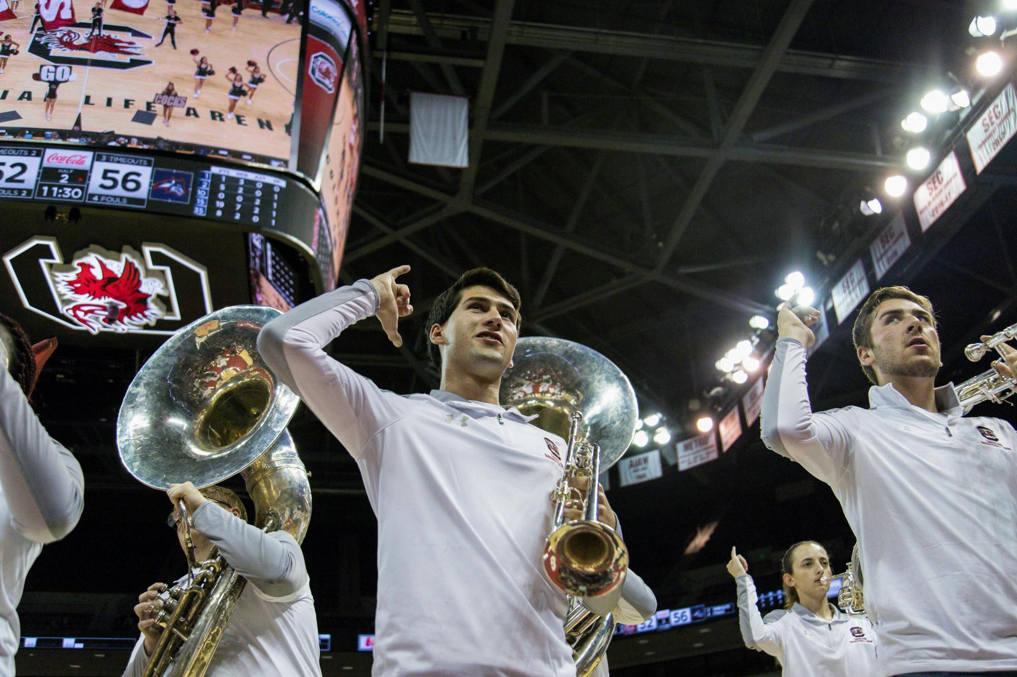 Players of the South Carolina basketball band hold their instruments during a game against Stony Brook on Nov. 9, 2018. The basketball team’s band is a staple of South Carolina basketball.