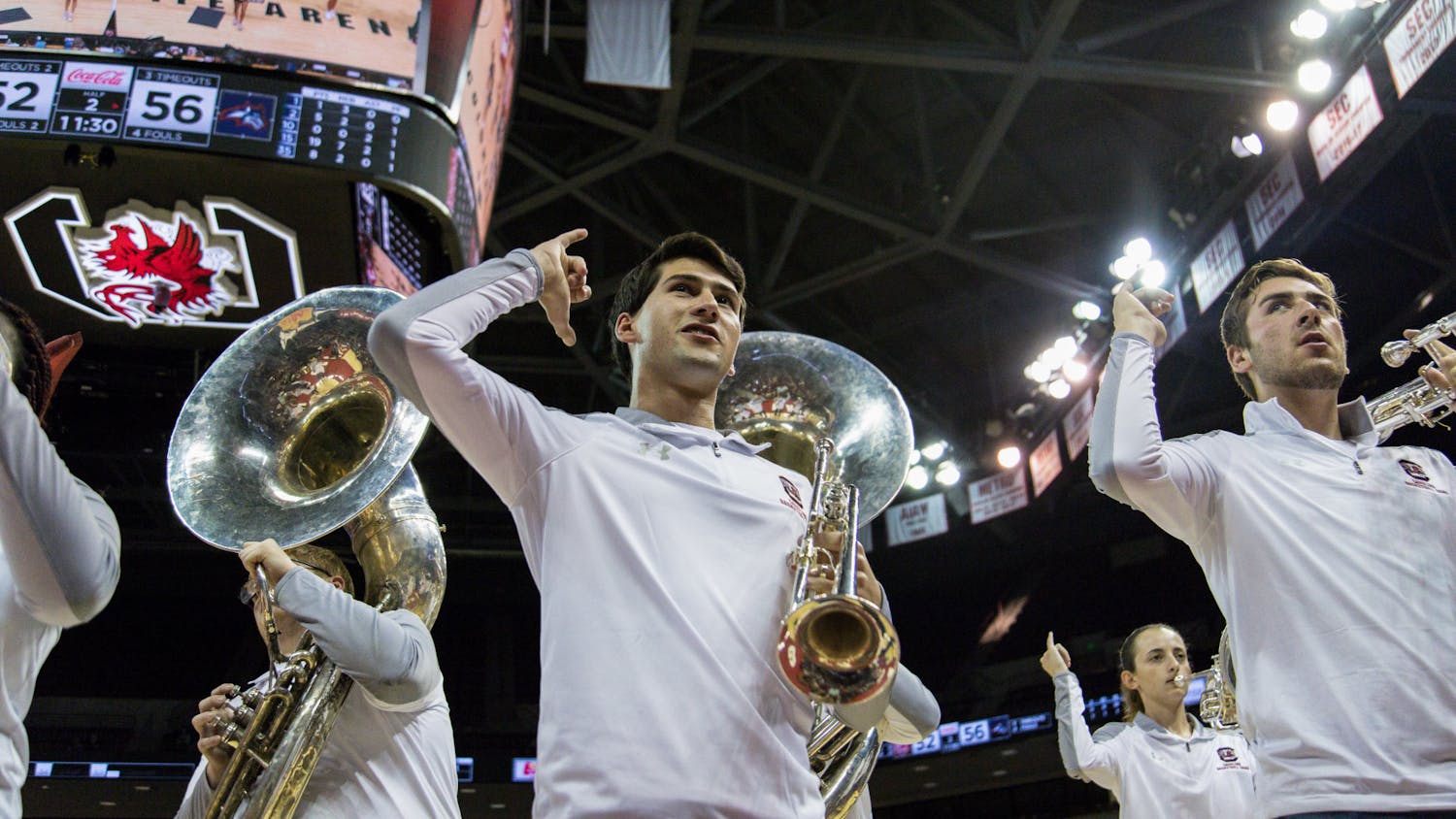 Players of the South Carolina basketball band hold their instruments during a game against Stony Brook on Nov. 9, 2018. The basketball team’s band is a staple of South Carolina basketball.