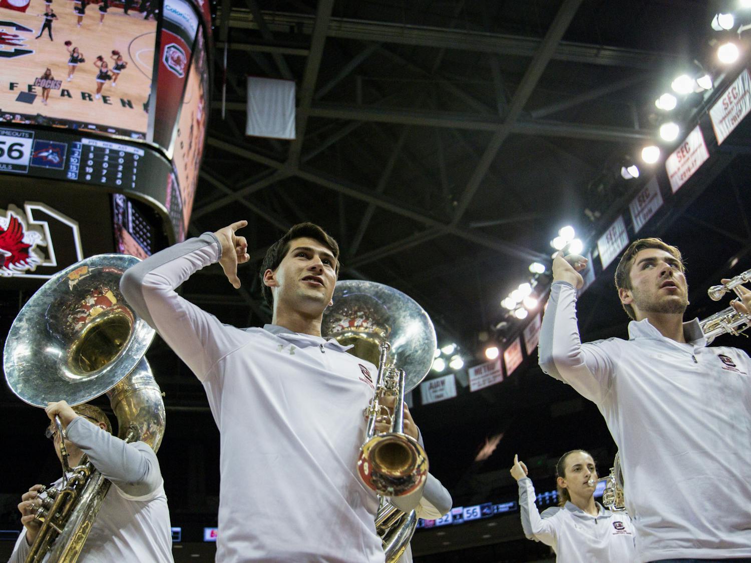 Players of the South Carolina basketball band hold their instruments during a game against Stony Brook on Nov. 9, 2018. The basketball team’s band is a staple of South Carolina basketball.