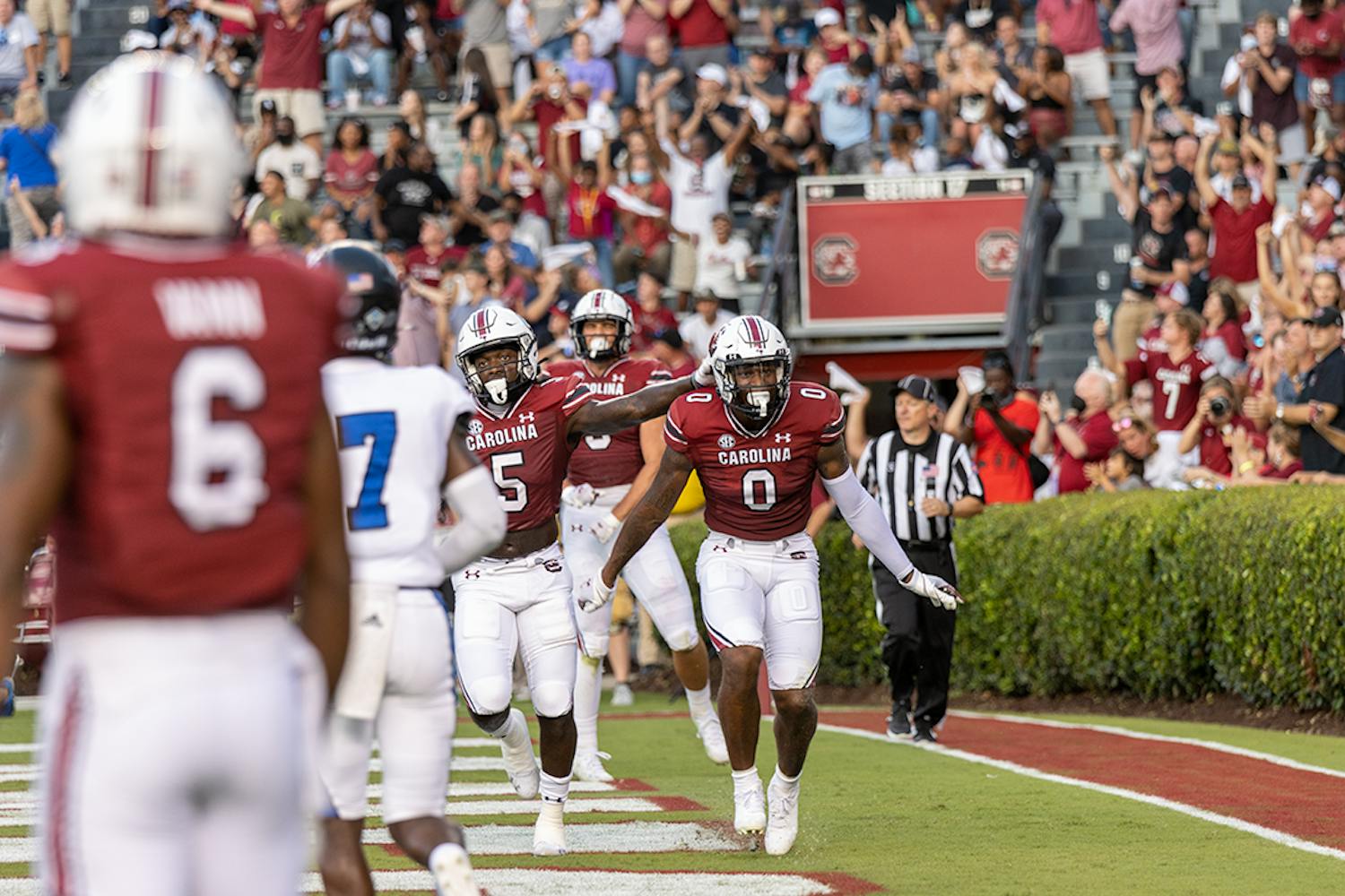 FILE— Sophomore tight end Jaheim Bell celebrates a touchdown pass from graduate student quarterback Zeb Noland. This touchdown would bring the Gamecocks to 15 points at the end of the first quarter in their game against East Illinois Panthers on Sept. 9, 2021.
