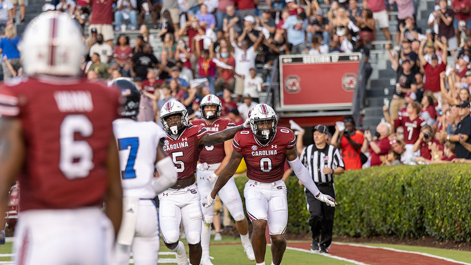 FILE— Sophomore tight end Jaheim Bell celebrates a touchdown pass from graduate student quarterback Zeb Noland. This touchdown would bring the Gamecocks to 15 points at the end of the first quarter in their game against East Illinois Panthers on Sept. 9, 2021.