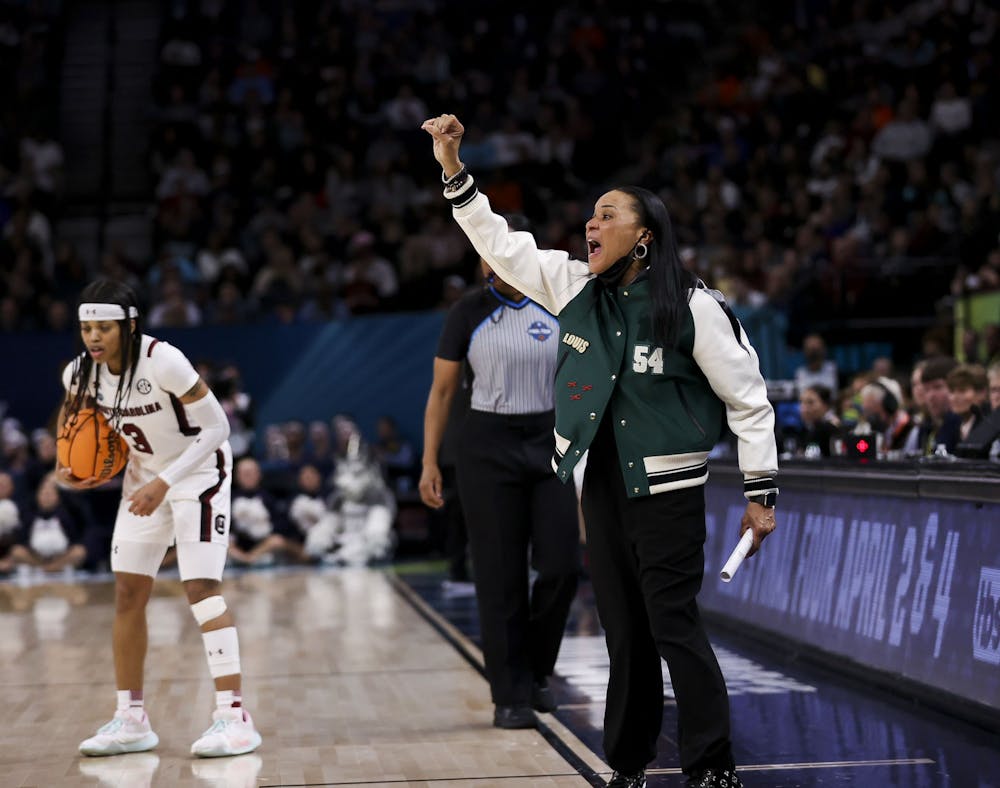 <p>FILE—Head coach Dawn Staley during the fourth quarter of South Carolina's championship game against the University of Connecticut on April 4, 2022. The Gamecocks defeated UConn. 64-49.&nbsp;</p>