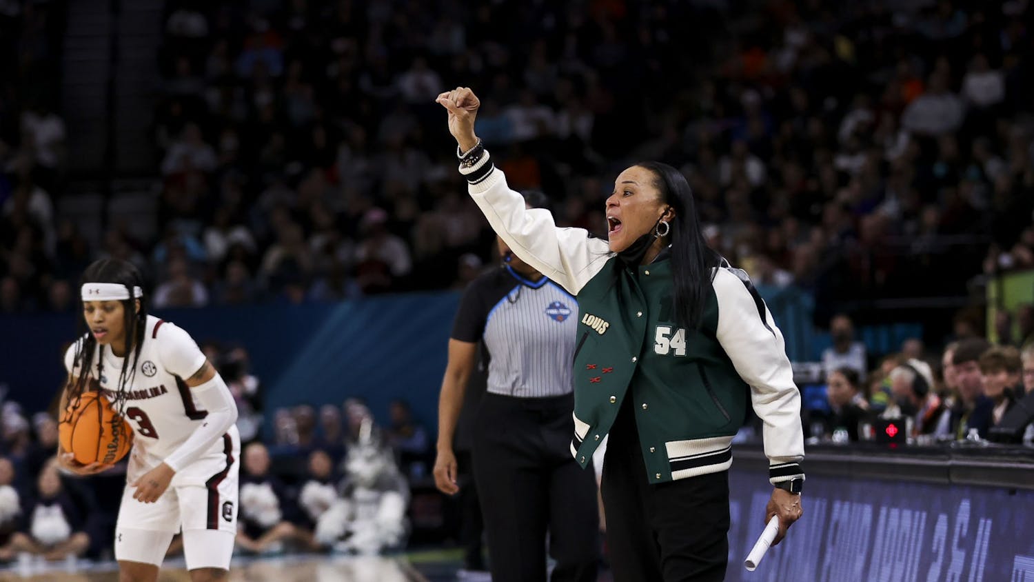 FILE—Head coach Dawn Staley during the fourth quarter of South Carolina's championship game against the University of Connecticut on April 4, 2022. The Gamecocks defeated UConn. 64-49.&nbsp;
