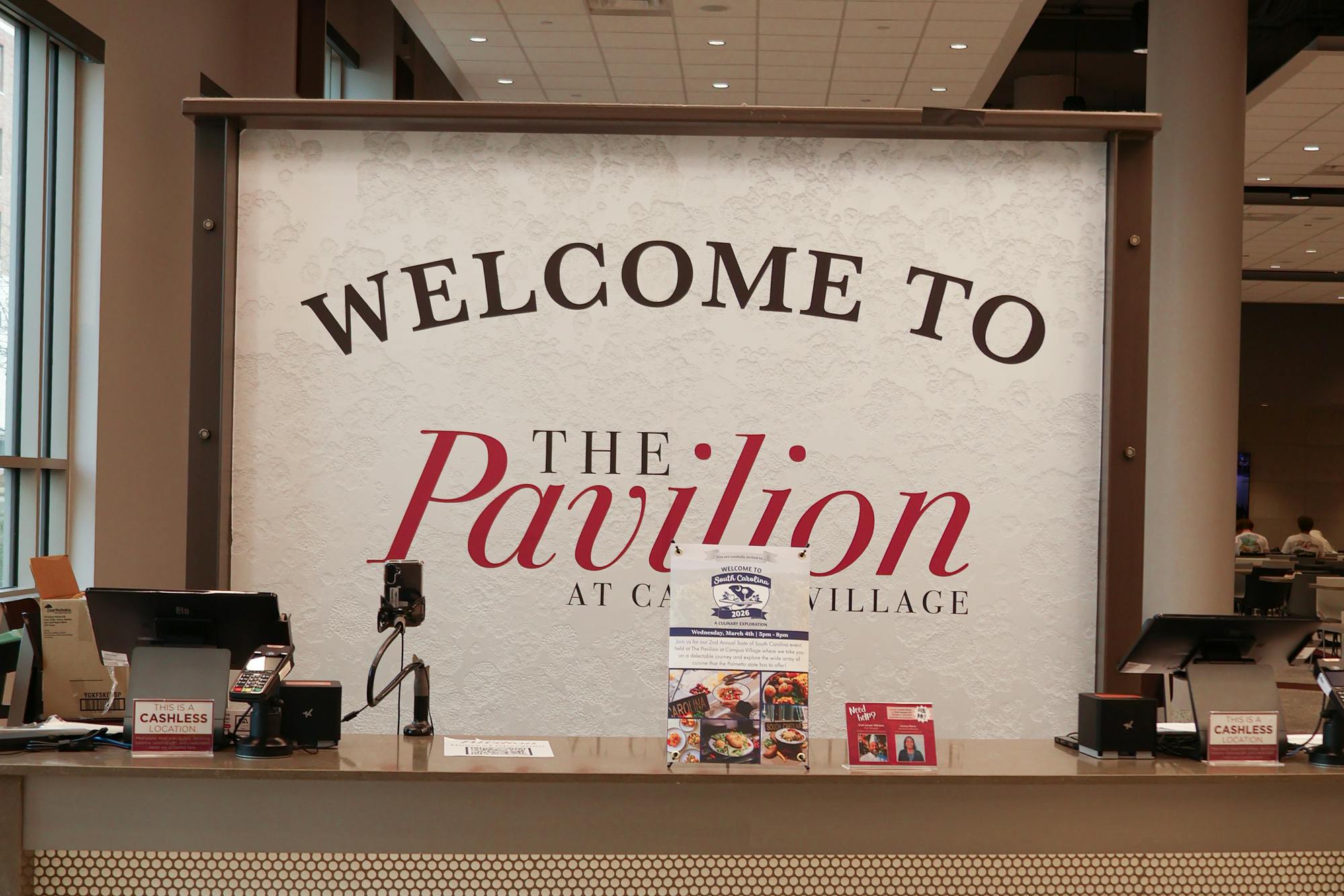 Greeting Sign at the entrance of The Pavilion at Campus Village dining hall.