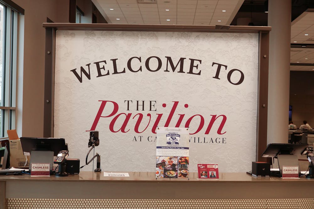 <p>Greeting Sign at the entrance of The Pavilion at Campus Village dining hall.</p>