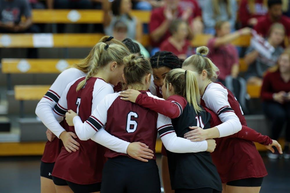 FILE— The South Carolina volleyball team huddles together before their game against Missouri on Sunday afternoon, Oct. 8, 2022.