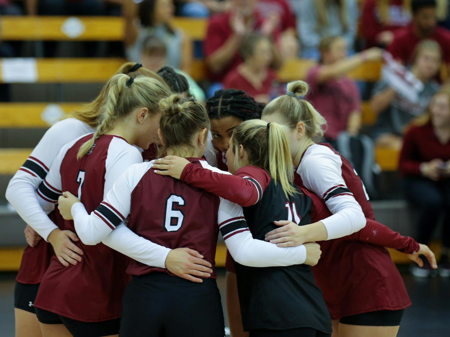 FILE— The South Carolina volleyball team huddles together before their game against Missouri on Sunday afternoon, Oct. 8, 2022.