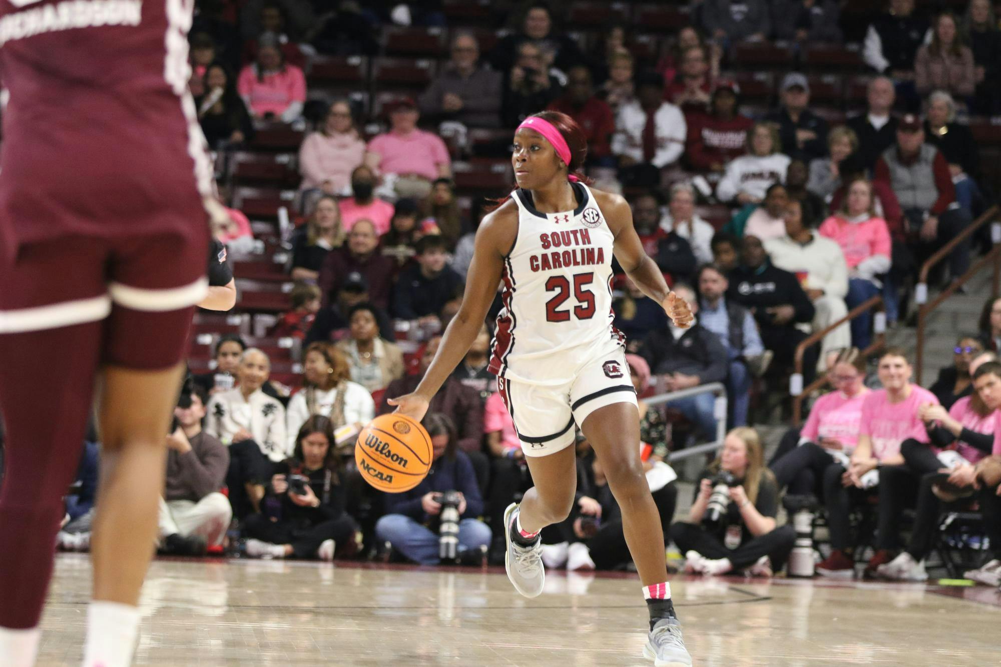 FILE — Senior guard Raven Johnson dribbles the ball down the court in the Gamecocks’ matchup against Mississippi State University on Feb. 5, 2026. Johnson scored a total of 10 points during the game.