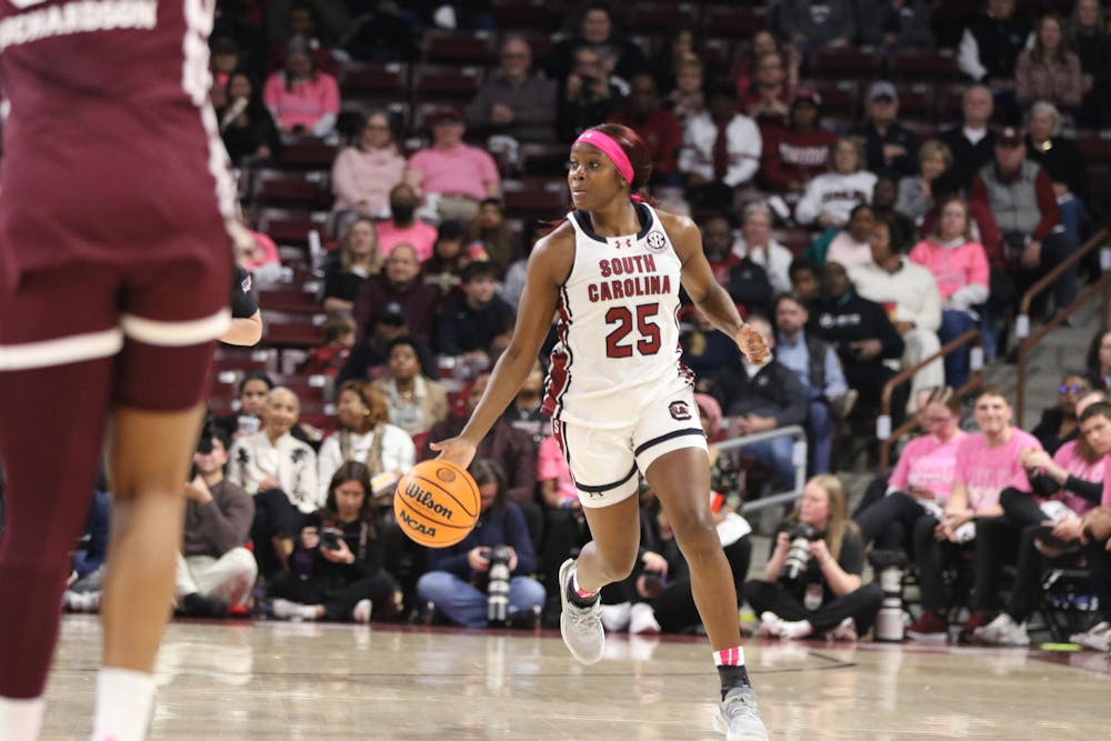 <p>FILE — Senior guard Raven Johnson dribbles the ball down the court in the Gamecocks’ matchup against Mississippi State University on Feb. 5, 2026. Johnson scored a total of 10 points during the game.</p>