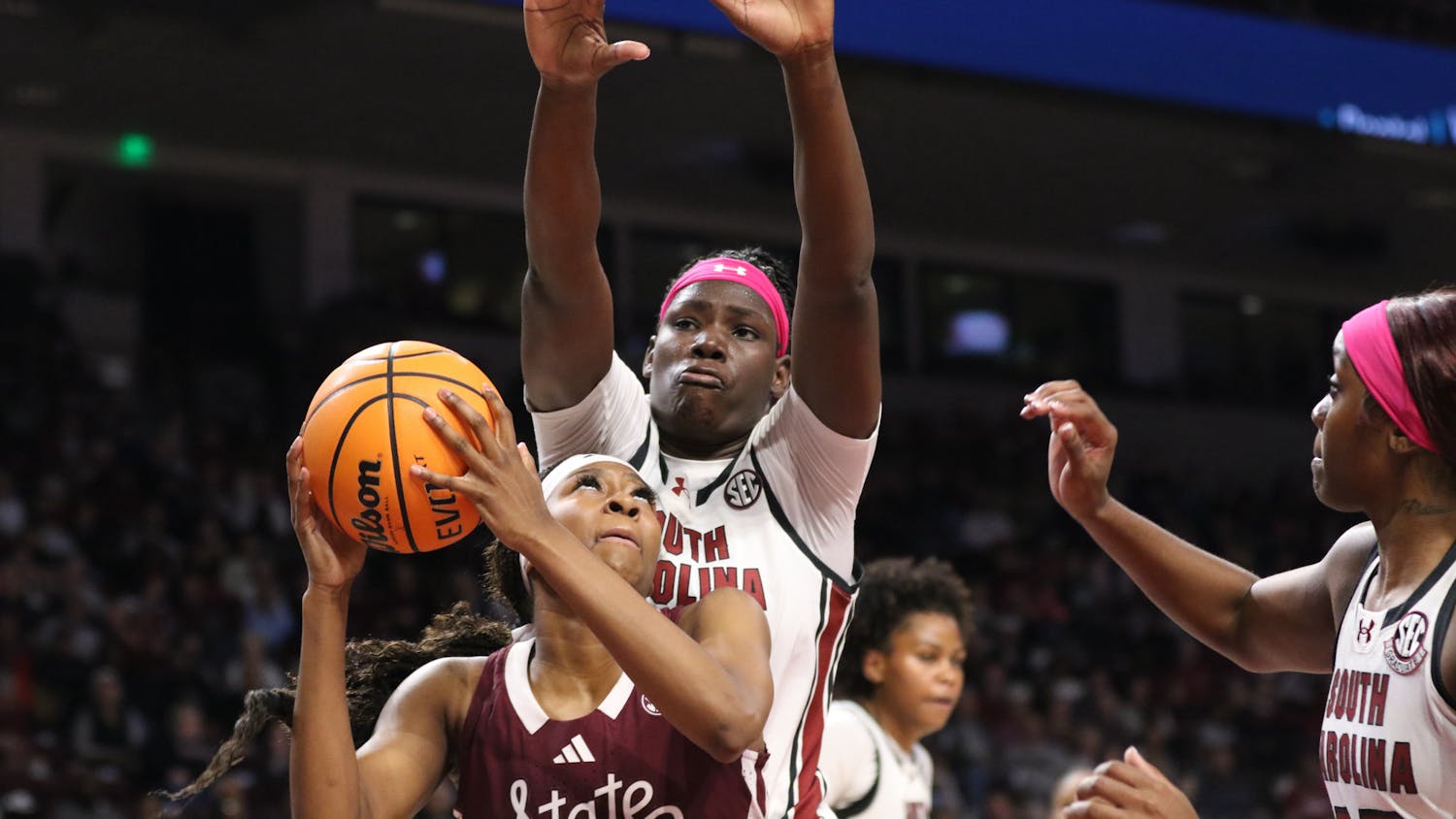 Senior center Madina Okot blocks a Mississippi State player’s shot in the Gamecocks' matchup against the Bulldogs on Feb. 5, 2026. The Gamecocks defeated the Bulldogs with a final score of 88-45.