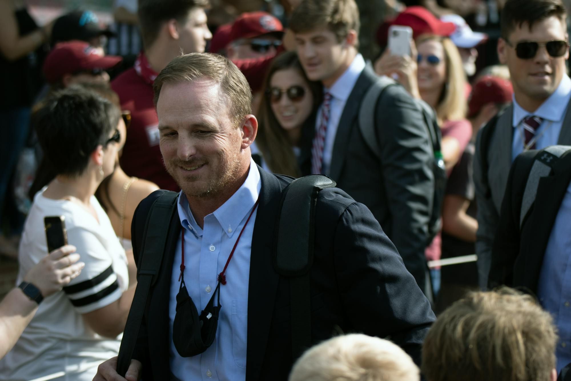 FILE—Gamecock offensive coordinator and quarterbacks coach Marcus Satterfield during the Gamecock Walk before the Eastern Illinois football game on Sept. 4, 2021. Satterfield joined the football coaching staff in 2021.
