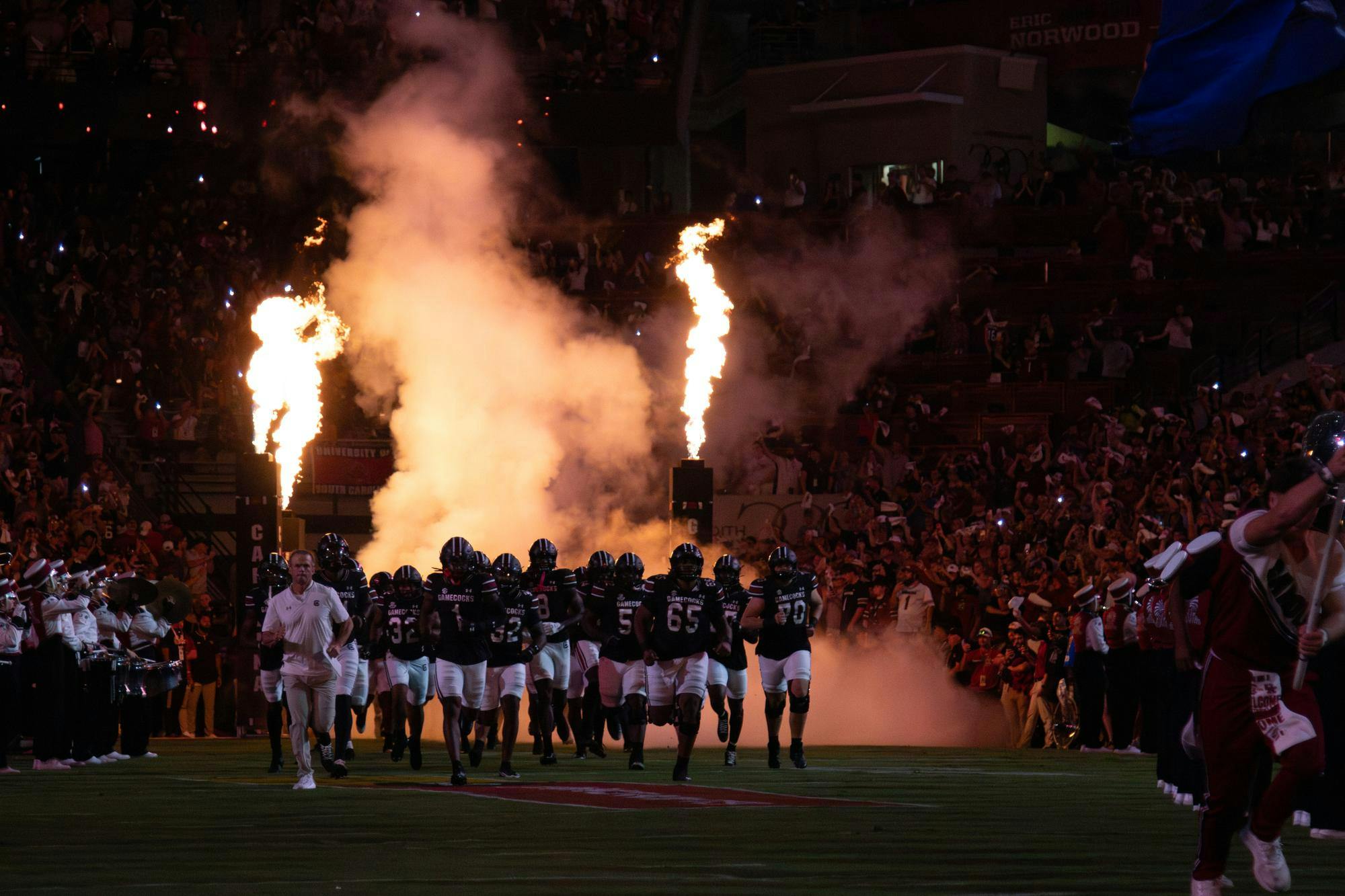 The Gamecocks football team runs out before kickoff against University of Kentucky at Williams-Brice Stadium on Sept. 27, 2025. The Gamecocks went on to win 35-13 against the Wildcats.