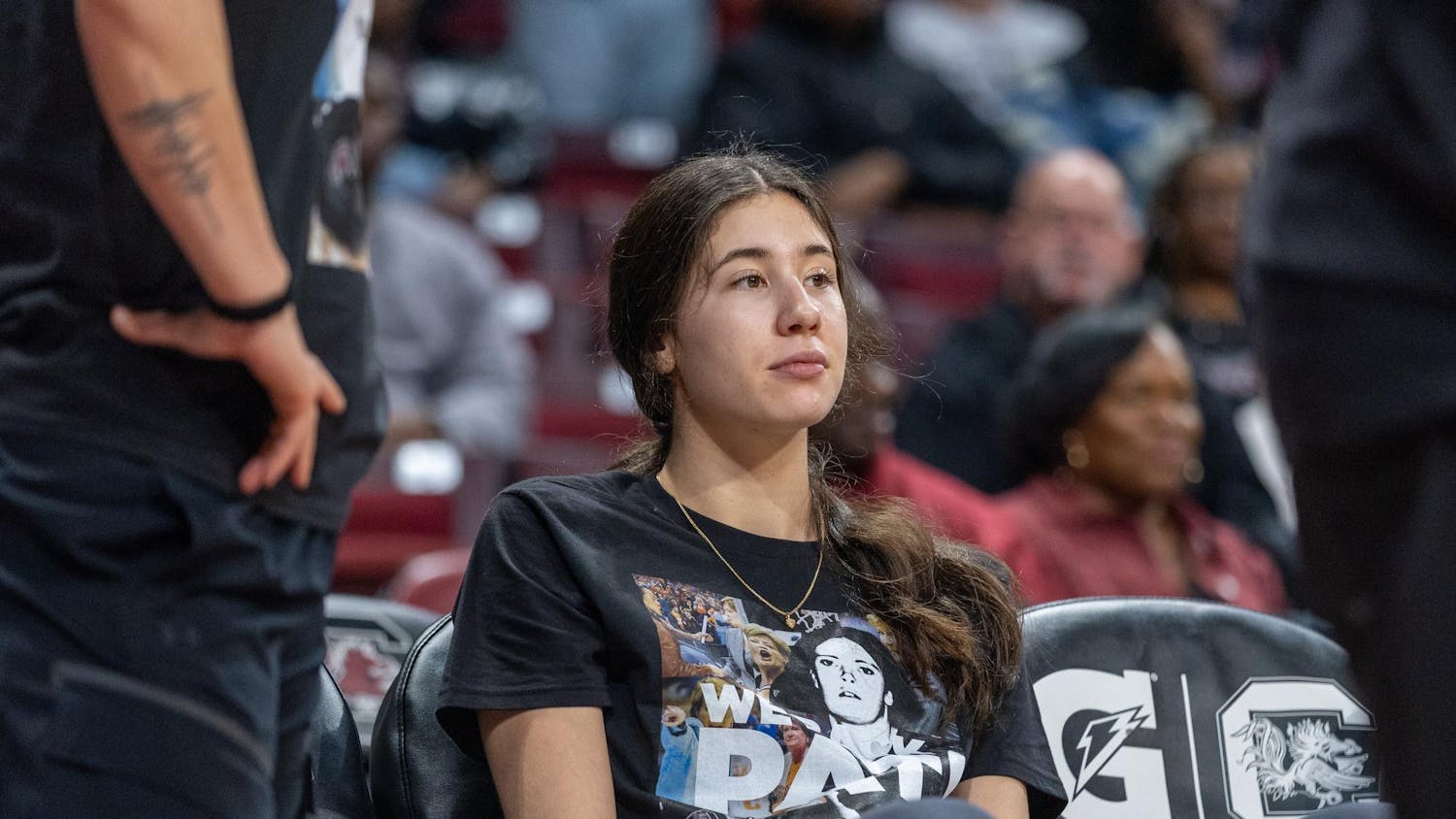 Freshman forward Alicia Tournebize sits on the bench during the game against Georgia on Jan. 11, 2026. Tournebize transferred from France, having previously played in the Ligue Féminine de Basketball.