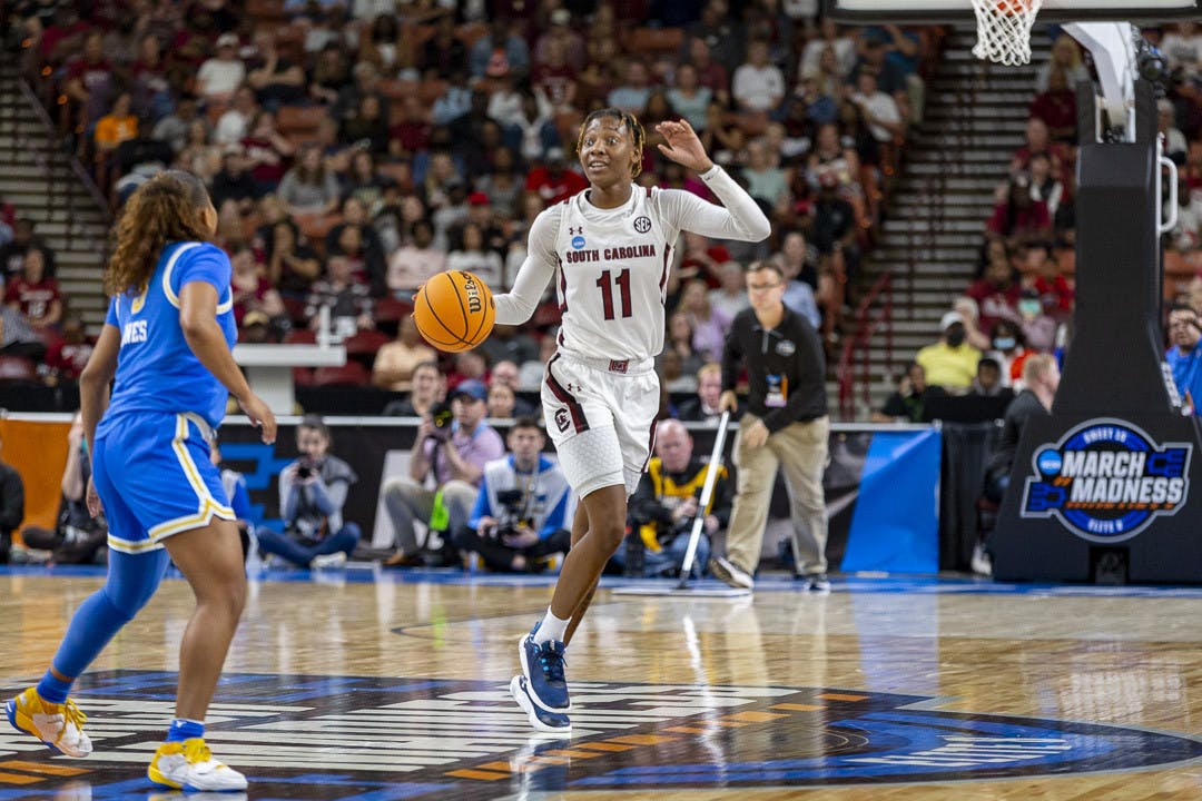 Freshman guard Talaysia Cooper looks for a teammate to pass the ball to during the matchup between South Carolina and UCLA on March 25, 2023. The Gamecocks beat the Bruins 59-43 and will move on to the Elite Eight tournament on March 27, 2023.&nbsp;