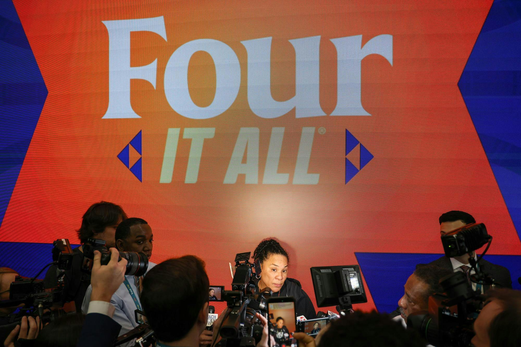 South Carolina women's basketball head coach Dawn Staley takes question from the media during practice at Mortgage Matchup Center in Phoenix, Arizona, on April 2, 2026. This is Staley's 18th season with the Gamecocks.