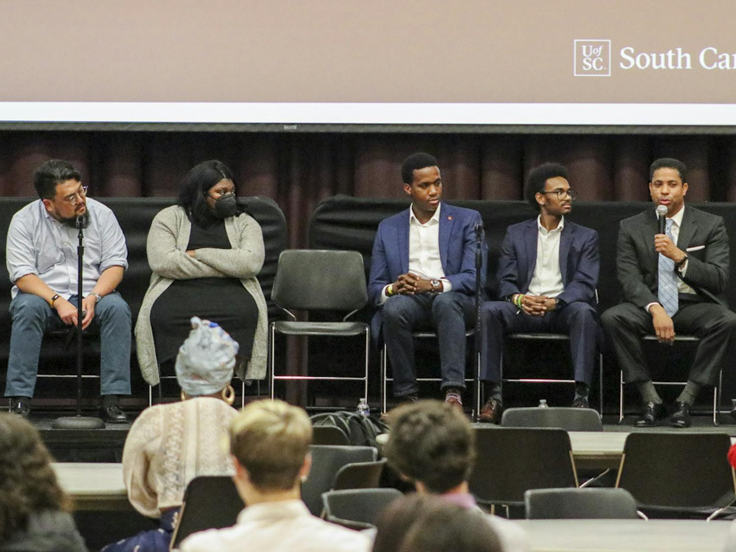 The panel at the Alpha Kappa Psi "Being Black in the Workspace" event at Russell House Ballroom takes questions from students on diversity on Feb. 20, 2023, in the Russell House Ballroom. The panel took time to really address the questions students had about issues regarding diversity and inclusion.