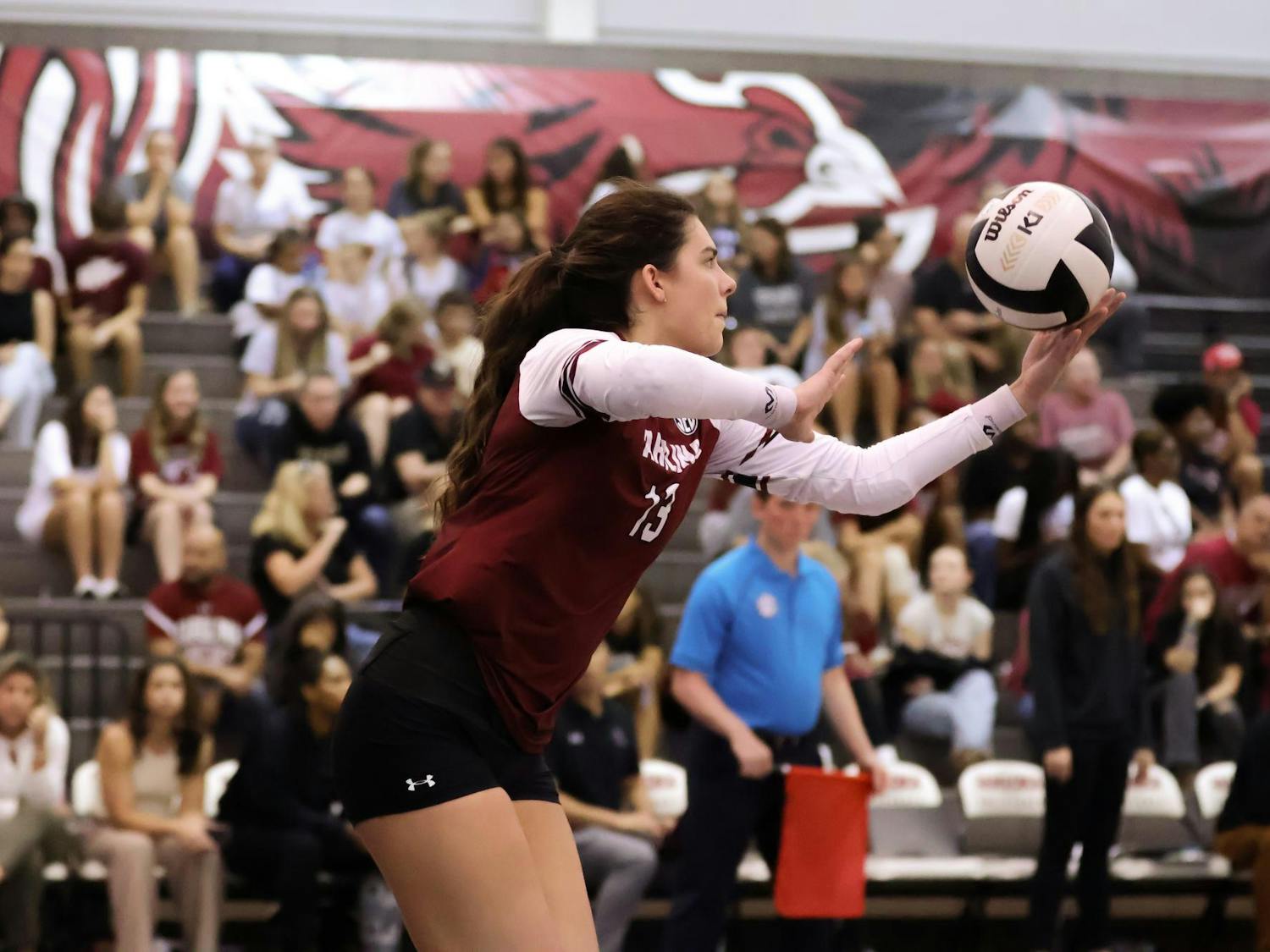 Junior outside hitter Alayna Johnson gets ready to serve the ball against Wake Forest. Gamecock Volleyball played Wake Forest on Sunday, Sept. 15 at Carolina Volleyball Center in Columbia, South Carolina.