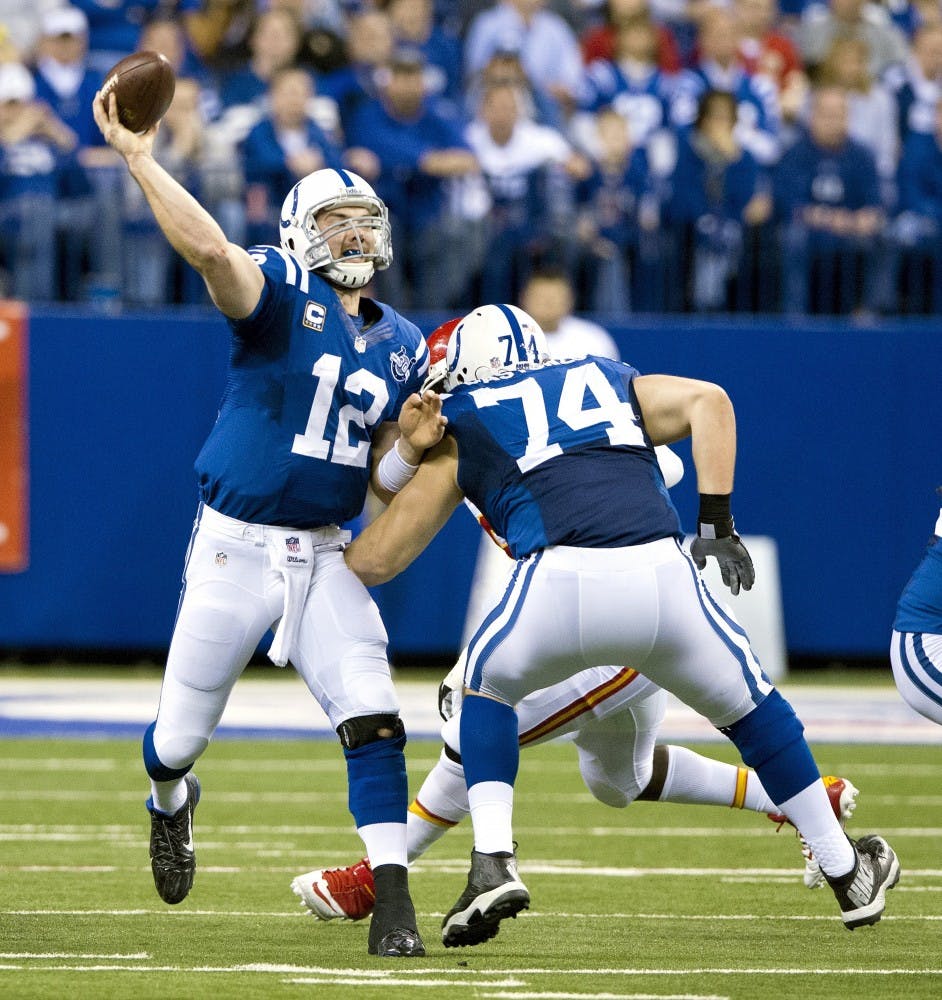Indianapolis Colts quarterback Andrew Luck (12) launches a 65-yard touchdown pass to wide receiver T.Y. Hilton against the Kansas City Chiefs in the fourth quarter of an AFC Wild Card Game at the Lucas Oil Stadium in Indianapolis, Ind., Saturday, Jan. 4, 2014. The Colts beat the Chiefs, 45-44. (John Sleezer/Kansas City Star/MCT)