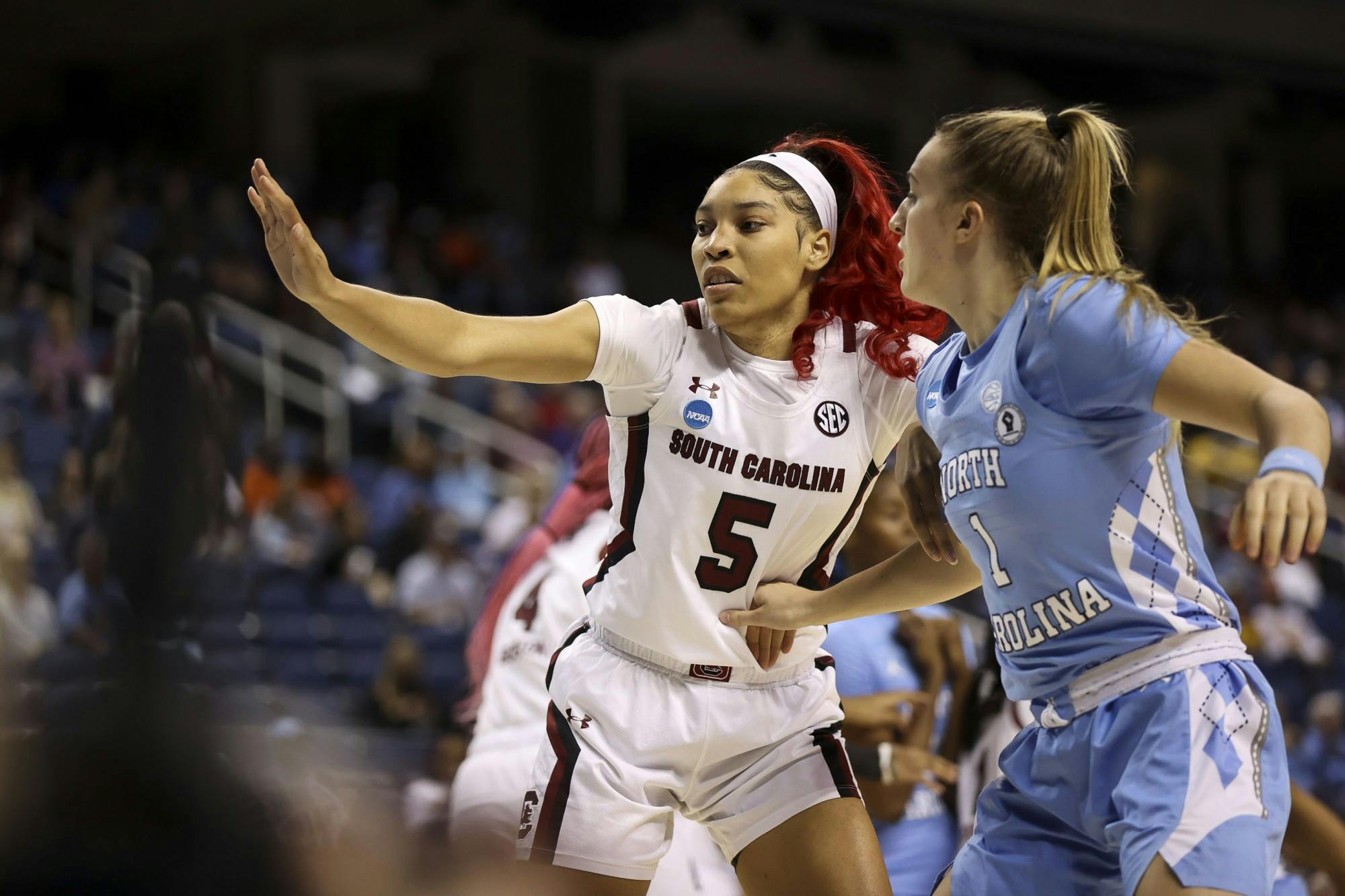 Senior forward Victoria Saxton on defense during the first quarter of South Carolina's 69-61 victory over North Carolina in the Sweet Sixteen on March 25, 2022.