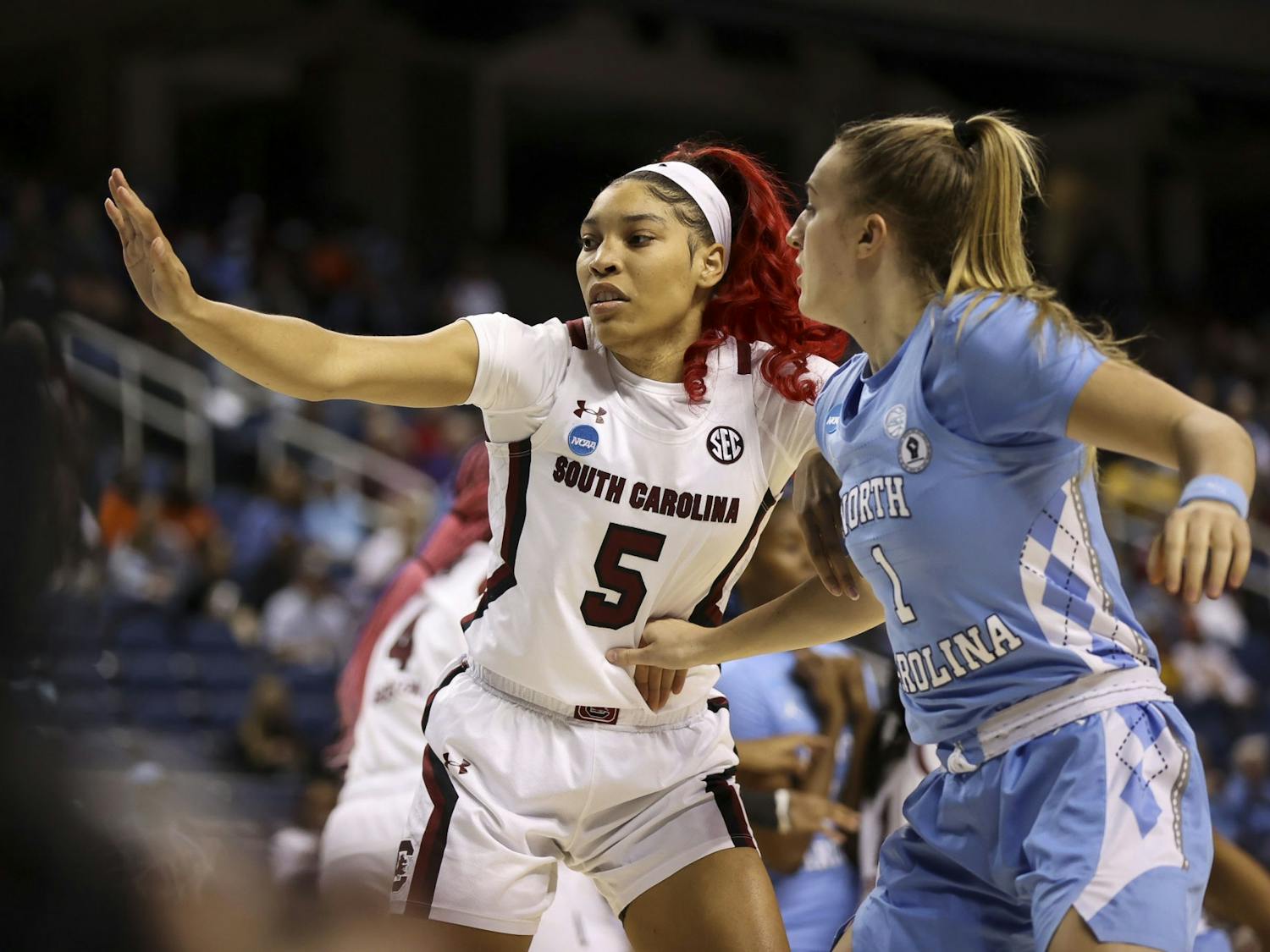 Senior forward Victoria Saxton on defense during the first quarter of South Carolina's 69-61 victory over North Carolina in the Sweet Sixteen on March 25, 2022.
