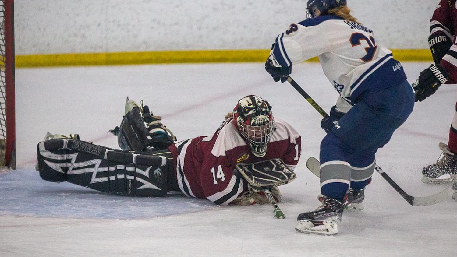 Senior goalie Kelly Ahern blocks a puck during the matchup against the Lady Warriors on Oct. 1, 2023. The Gamecocks joined the College Hockey South League, which also consists of Auburn University, the University of Georgia, the University of Tampa and the University of Alabama.
