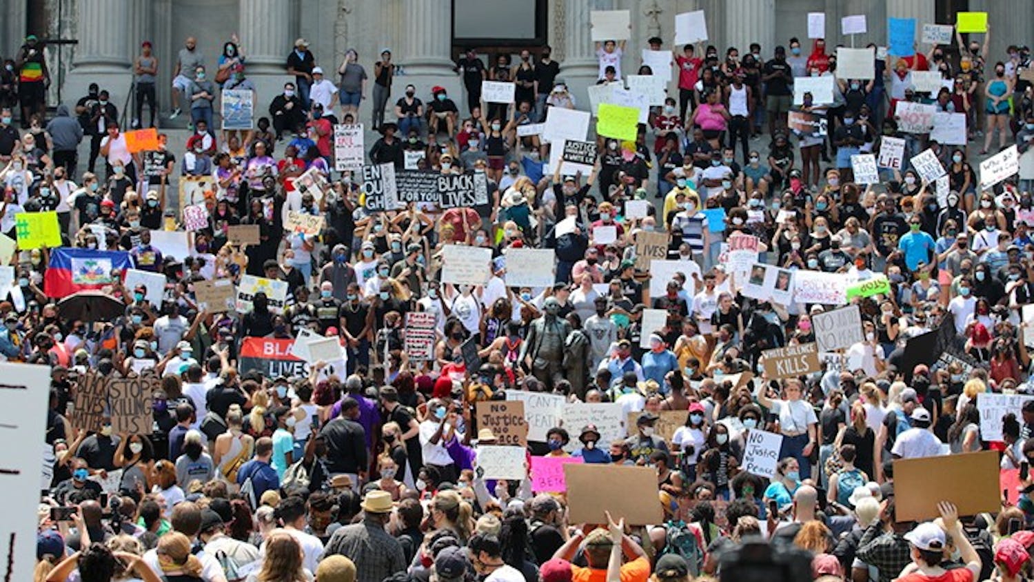 Hundreds of protesters peacefully protested at the Statehouse on May 30. The protestors held a rally on the steps for almost three hours.
