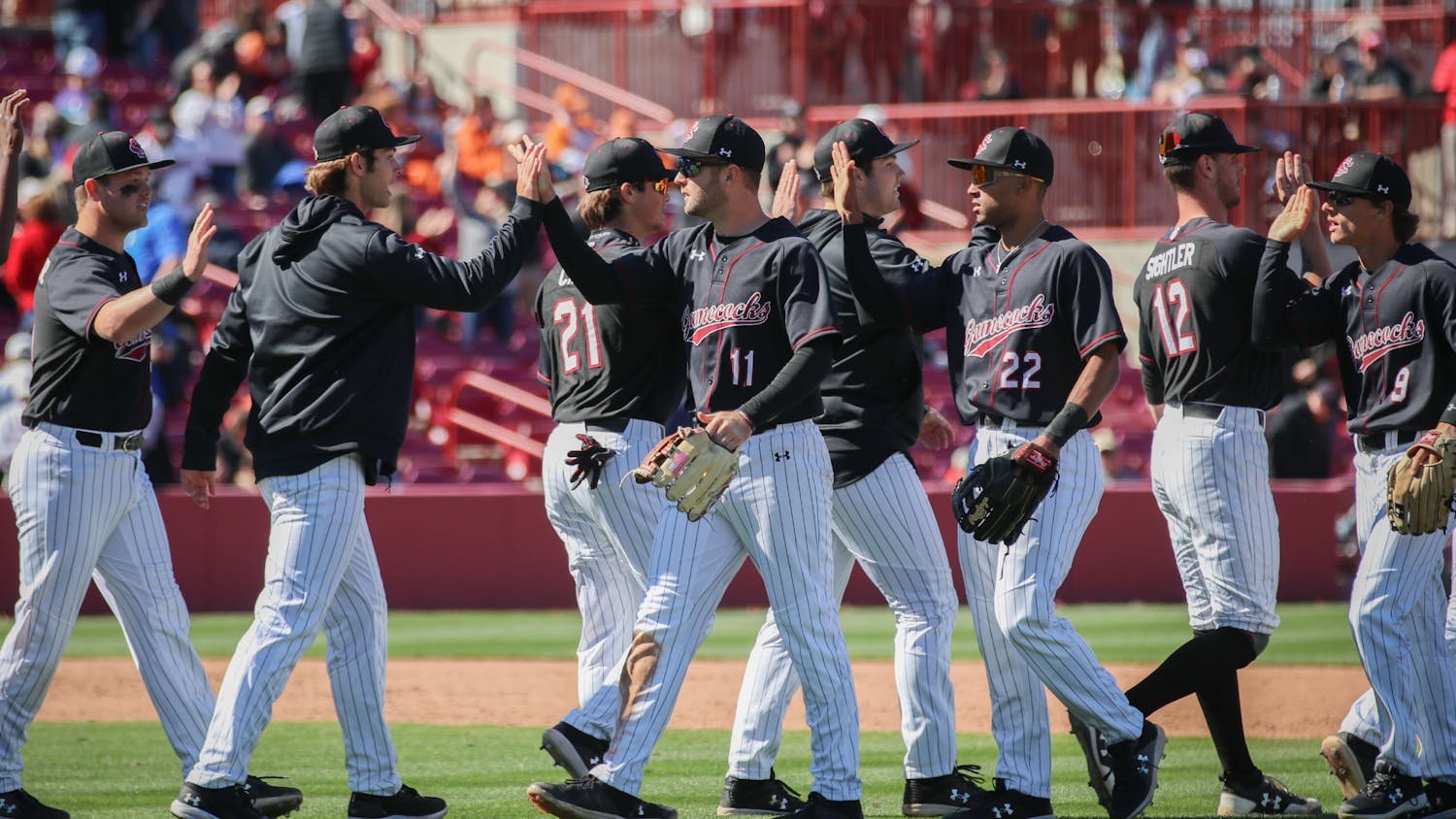The South Carolina baseball team celebrates a win after the first game of the day on March 13, 2022. The Gamecocks defeated Texas in a three-game series at Founders Park in Columbia, SC.