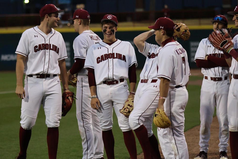 <p>The University of South Carolina baseball team gathers together before their game against Davidson on March 4, 2024. The Gamecocks defeated the Wildcats 7-3.</p>