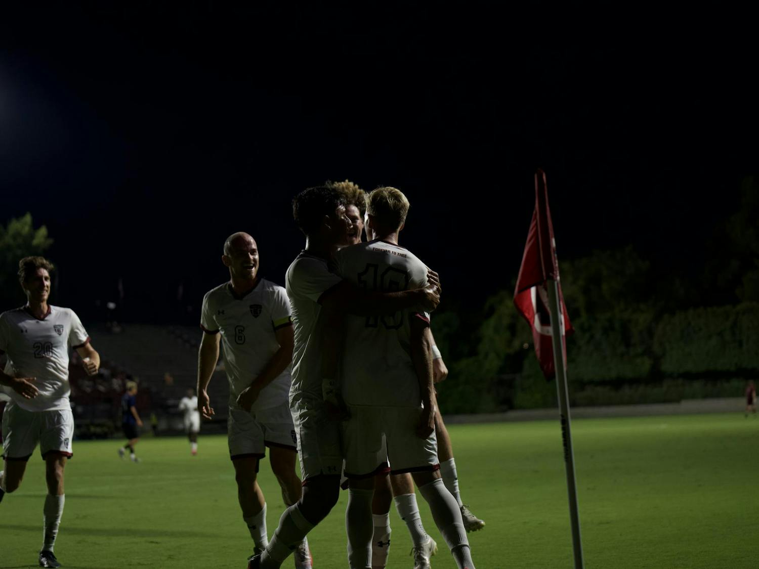Gamecock men's soccer players celebrate after tying the game 2-2 against Georgia State at Eugene E. Stone Stadium on Sept. 19, 2025. Junior forward Keanan Bader scored the goal for South Carolina, keeping it in the game.