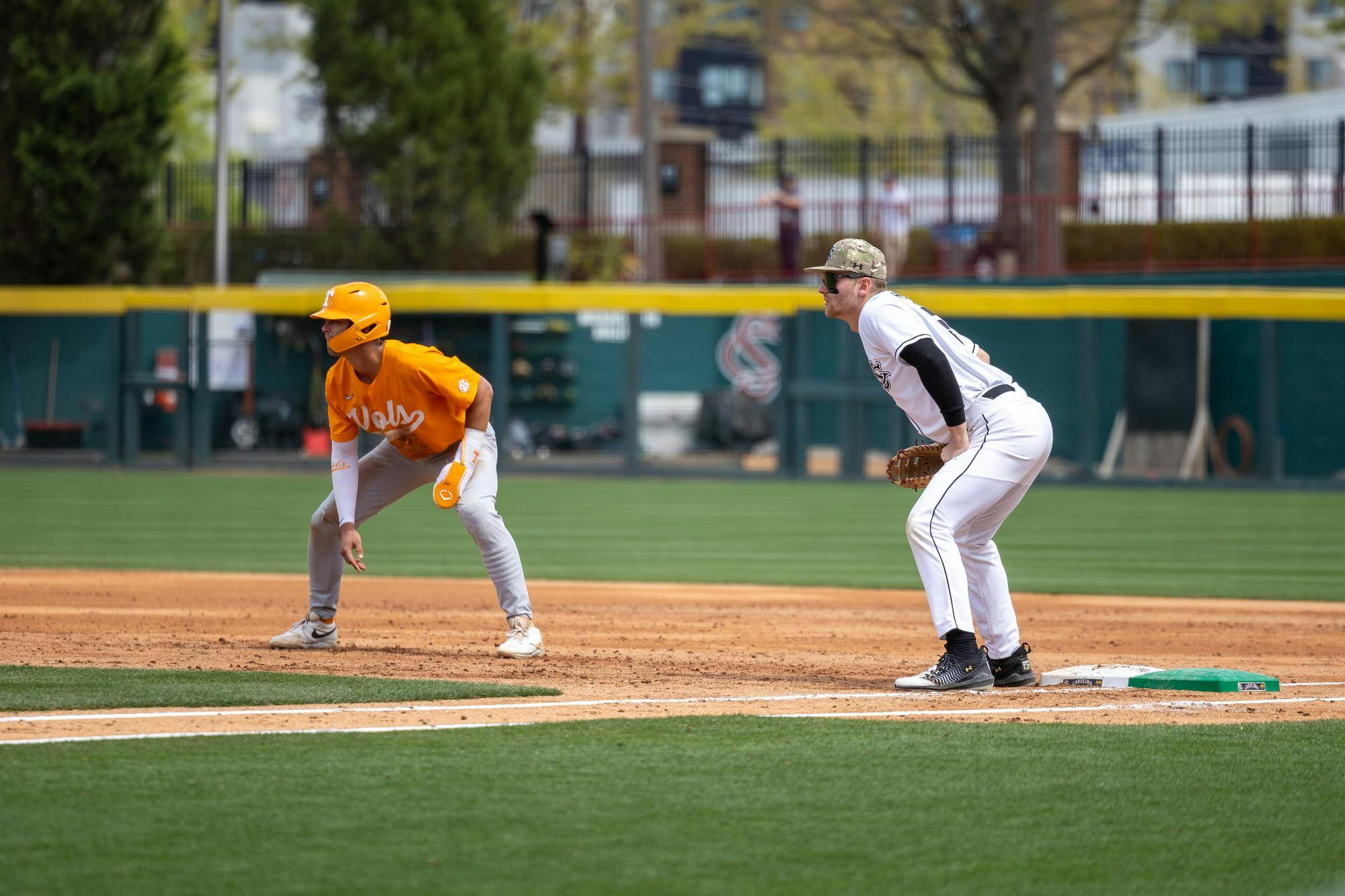 FILE — Sophomore infielder Beau Hollins prepares to receive a pick-off throw at first base during South Carolina’s game against Tennessee on March 30, 2025, at Founders Park. The Gamecocks lost to the Volunteers 7-2 and lost the series 3-0.
