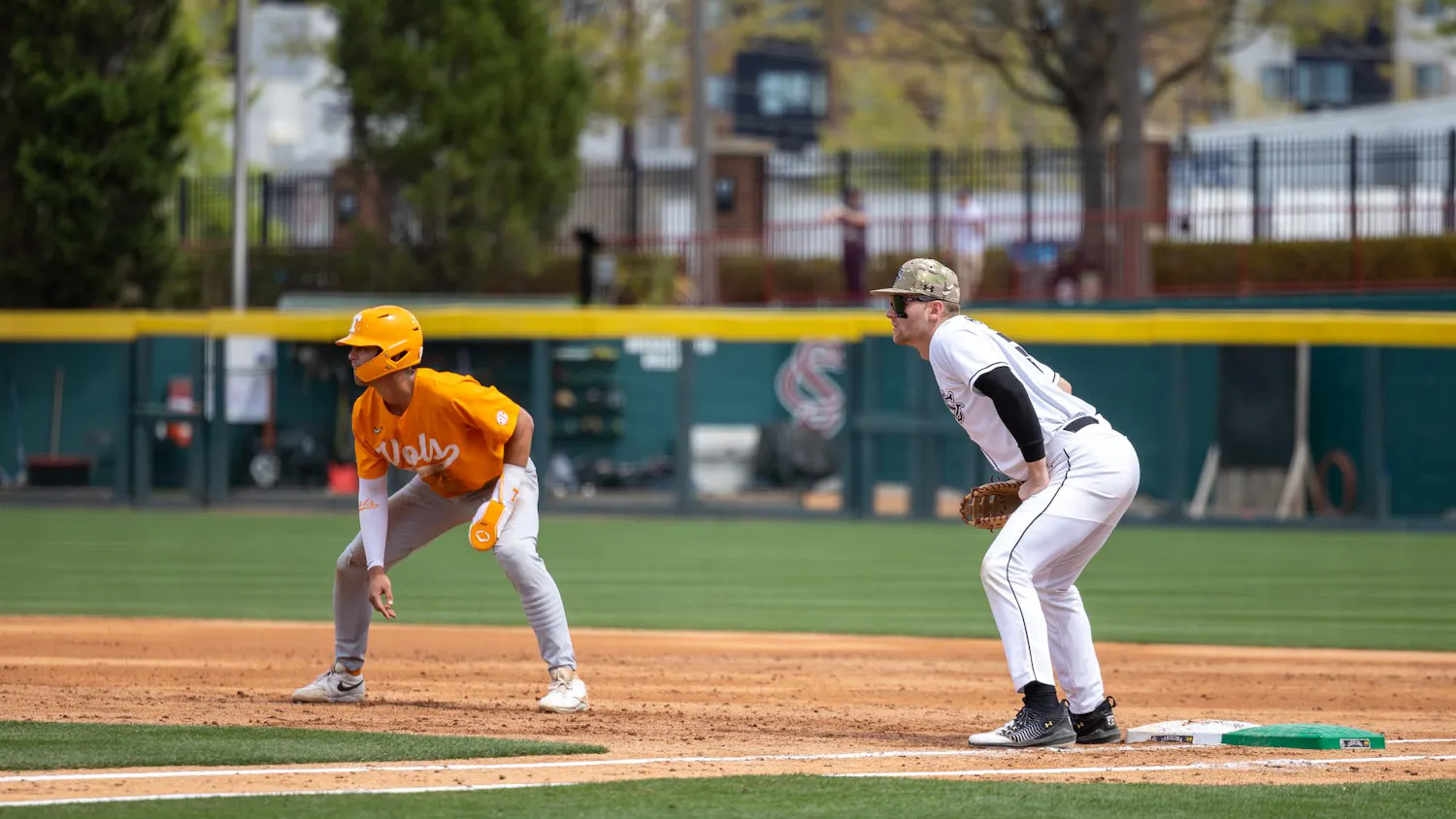 FILE — Sophomore infielder Beau Hollins prepares to receive a pick-off throw at first base during South Carolina’s game against Tennessee on March 30, 2025, at Founders Park. The Gamecocks lost to the Volunteers 7-2 and lost the series 3-0.