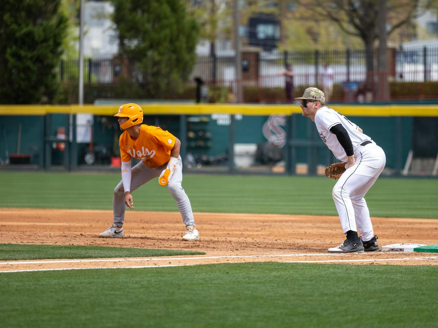 FILE — Sophomore infielder Beau Hollins prepares to receive a pick-off throw at first base during South Carolina’s game against Tennessee on March 30, 2025, at Founders Park. The Gamecocks lost to the Volunteers 7-2 and lost the series 3-0.