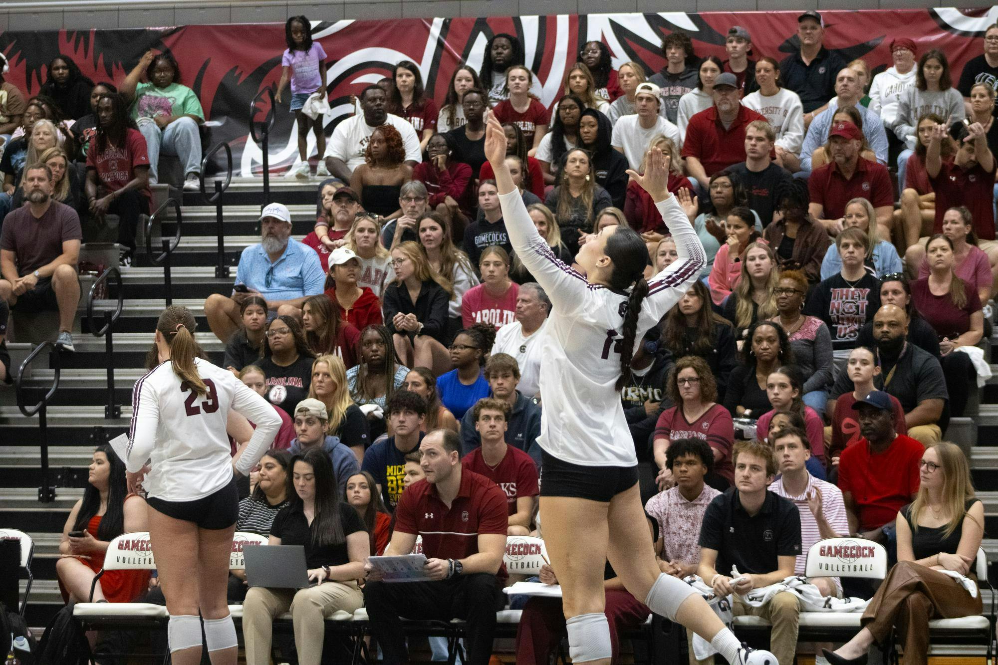 Freshman setter Kaia Pixler serves the ball over the net against the University of Georgia on Oct. 5, 2025, at the Carolina Volleyball Center. Pixler has made 13 digs so far over the course of the 2025 season.