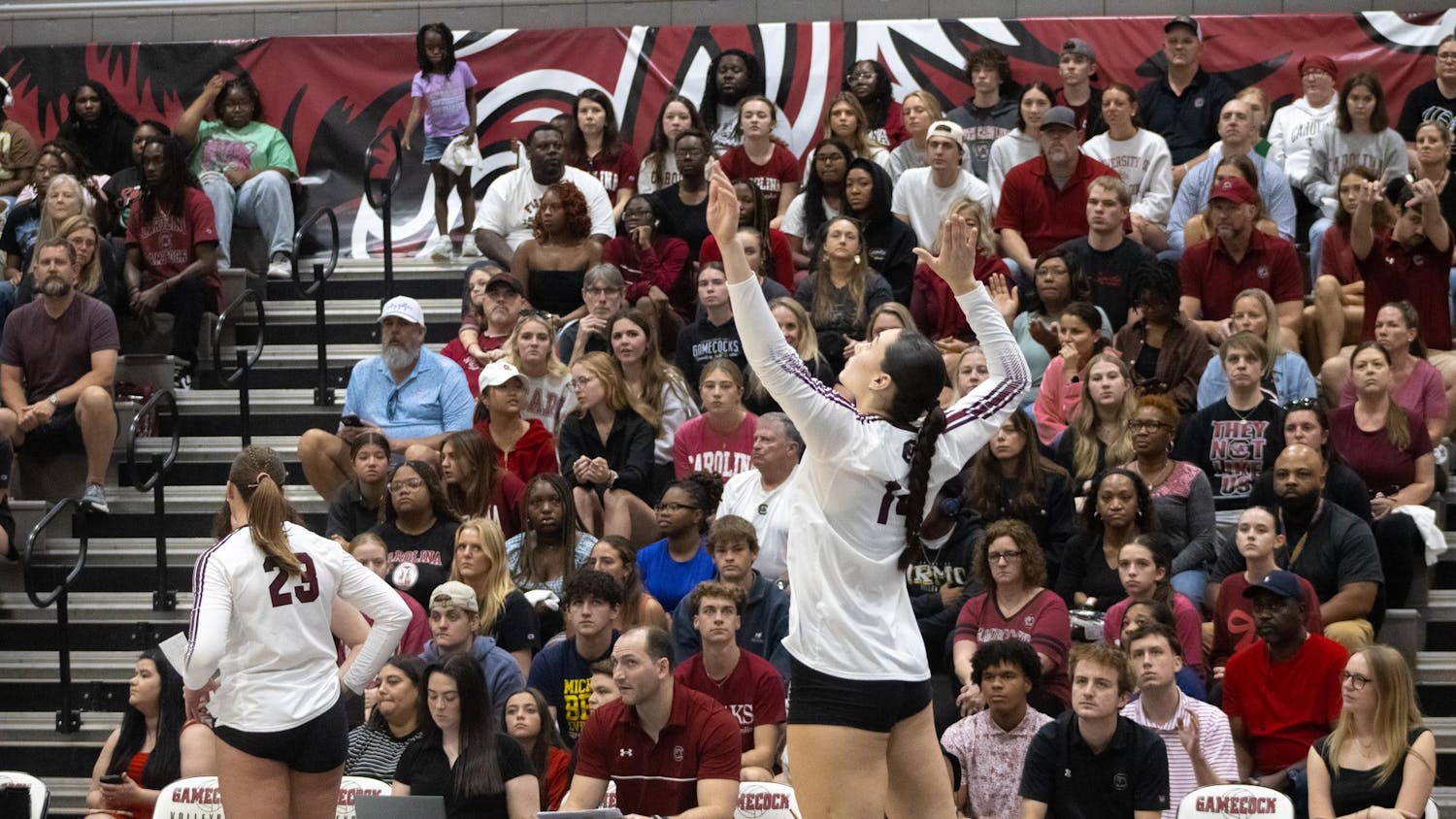 Freshman setter Kaia Pixler serves the ball over the net against the University of Georgia on Oct. 5, 2025, at the Carolina Volleyball Center. Pixler has made 13 digs so far over the course of the 2025 season.