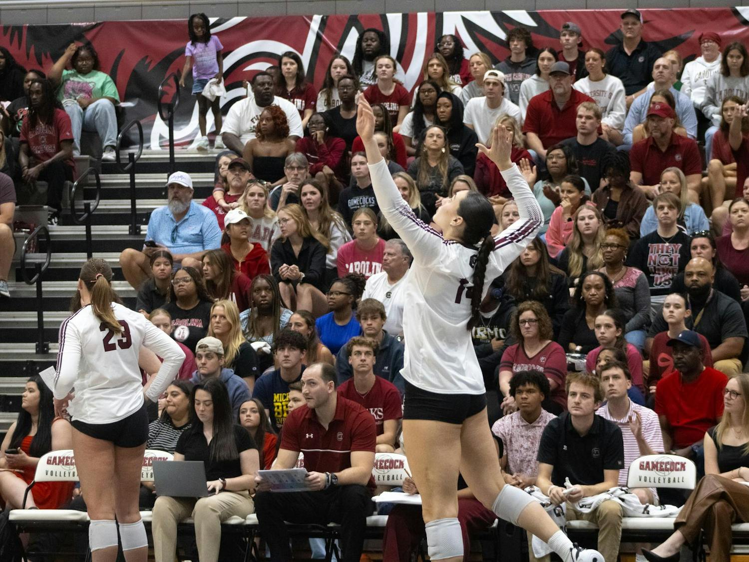 Freshman setter Kaia Pixler serves the ball over the net against the University of Georgia on Oct. 5, 2025, at the Carolina Volleyball Center. Pixler has made 13 digs so far over the course of the 2025 season.