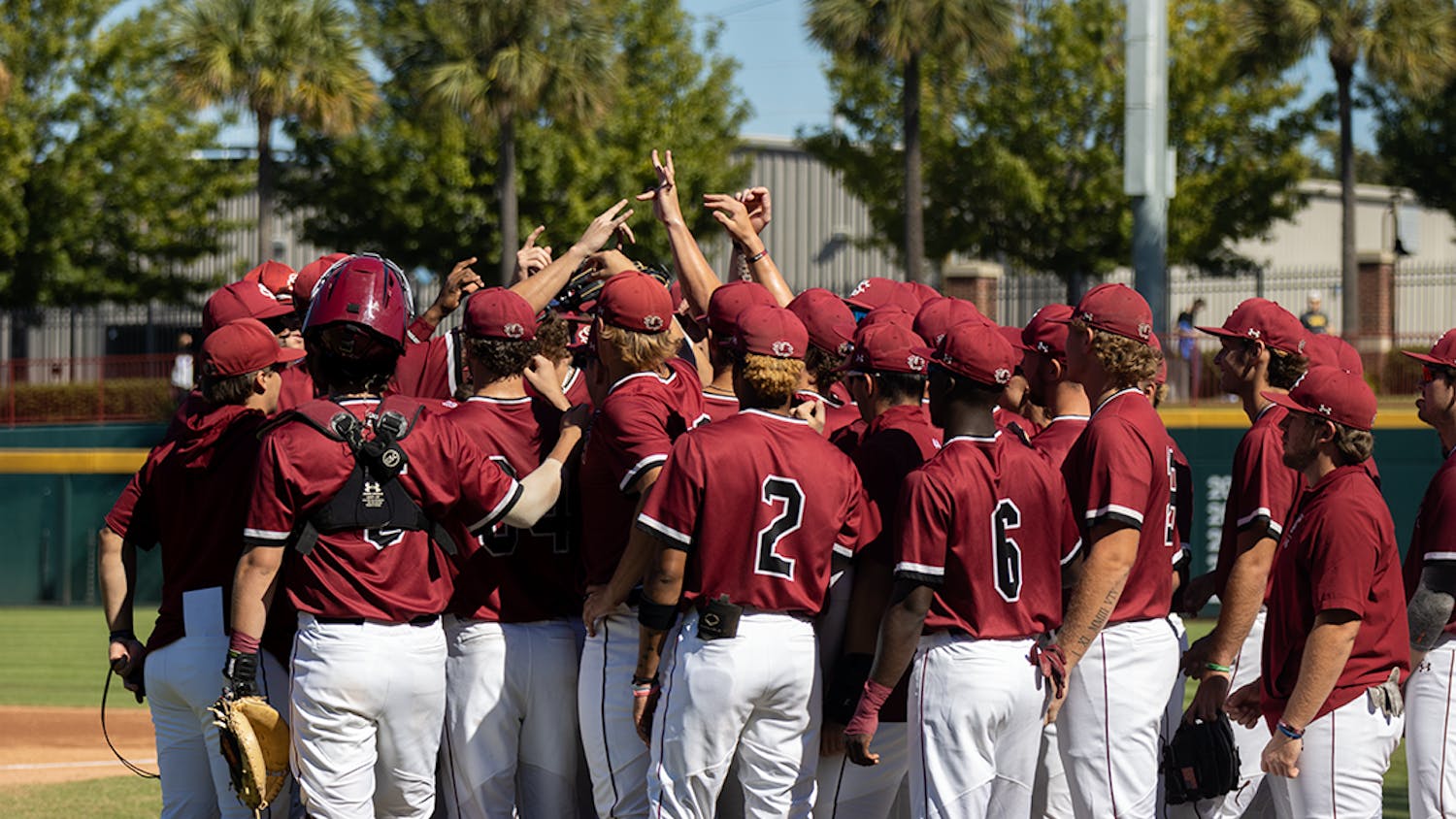 FILE— The Gamecocks group up before the first scrimmage against UNCW on Oct. 23, 2021. The South Carolina baseball team was swept in a weekend series against Clemson.&nbsp;